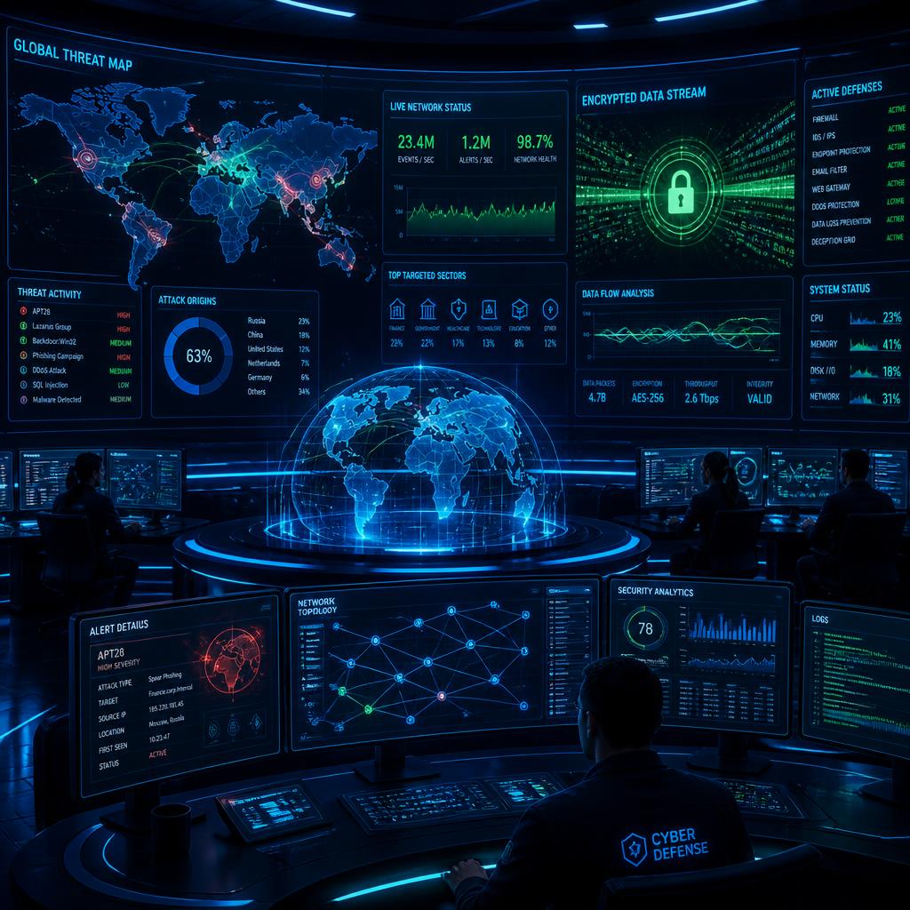 A futuristic cybersecurity operations center with multiple large holographic displays showing network threat maps, encrypted data streams, and real-time monitoring dashboards in a dark room illuminated by blue and green neon lights